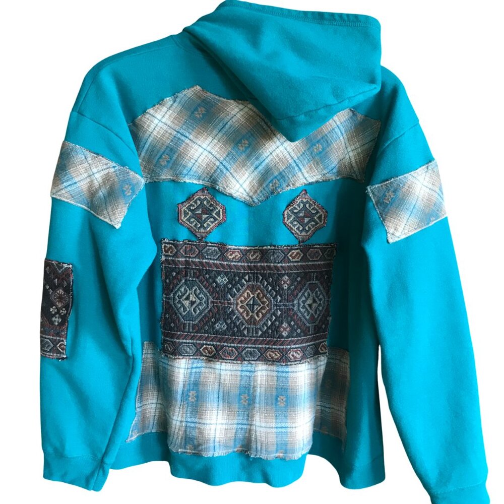 Upcycled Patchwork Jacket, Teal Tribal Zip-Up Hoodie Southwest Aztec Size L